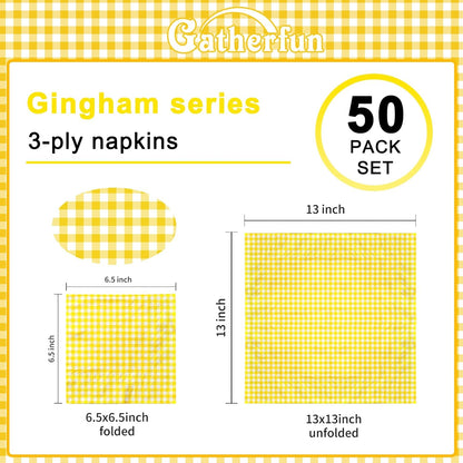 Party Supplies, Disposable Paper Napkins Yellow and White Gingham Napkins for Easter Party（3-ply, 6.5X6.5 in, 50-Pack)