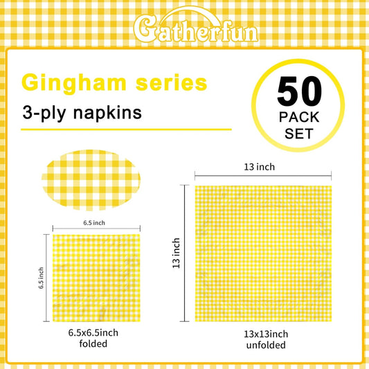 Party Supplies, Disposable Paper Napkins Yellow and White Gingham Napkins for Easter Party（3-ply, 6.5X6.5 in, 50-Pack)
