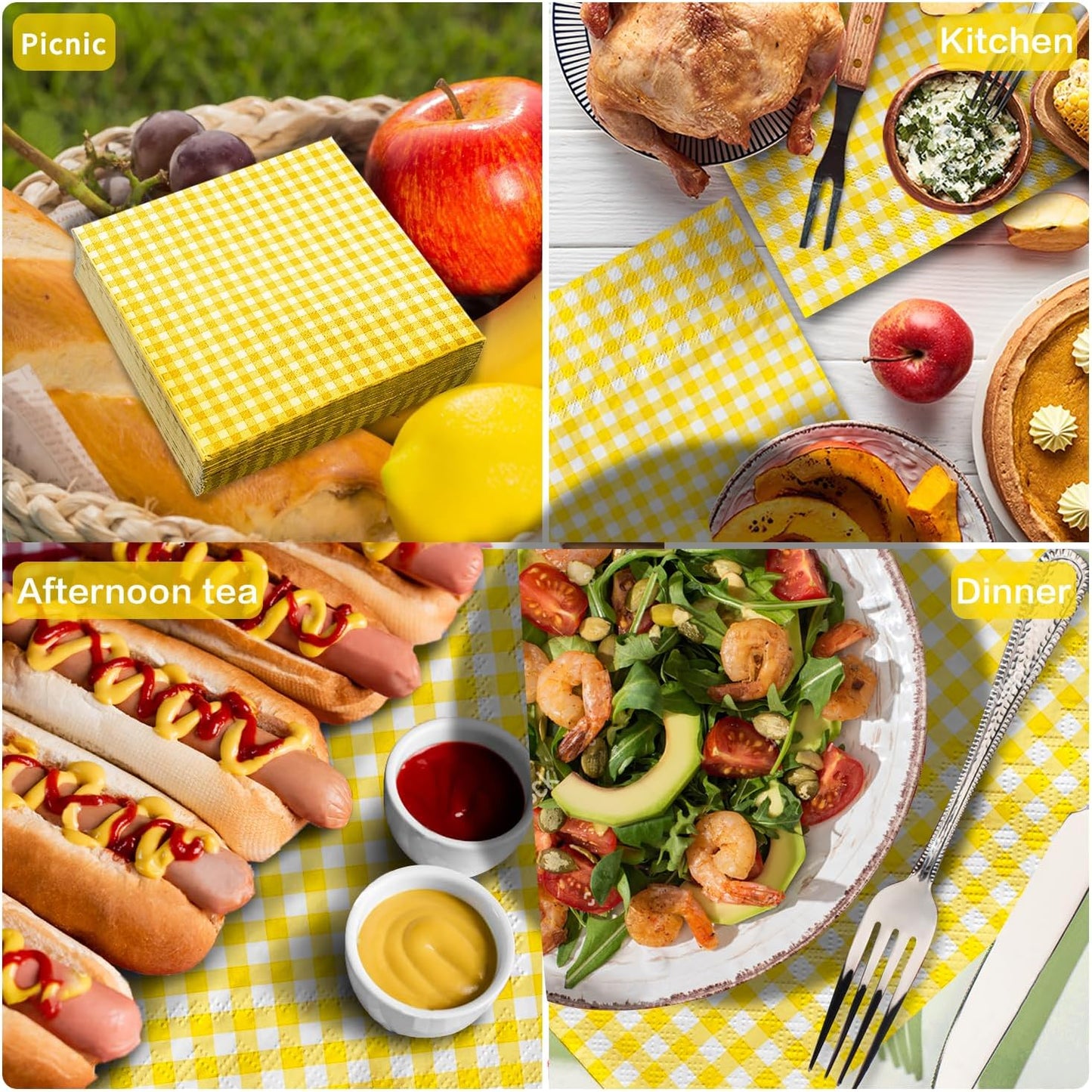 Party Supplies, Disposable Paper Napkins Yellow and White Gingham Napkins for Easter Party（3-ply, 6.5X6.5 in, 50-Pack)