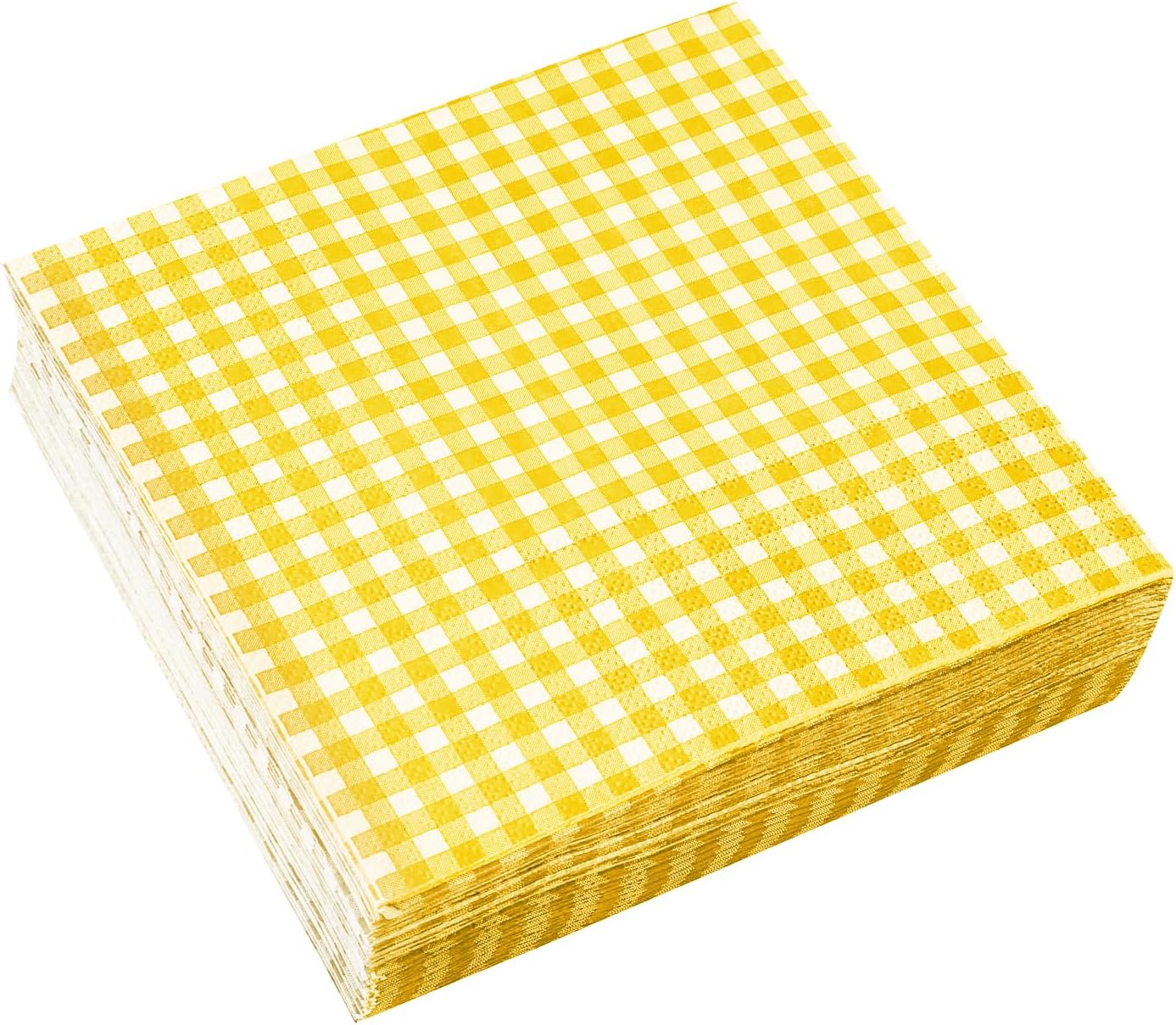 Party Supplies, Disposable Paper Napkins Yellow and White Gingham Napkins for Easter Party（3-ply, 6.5X6.5 in, 50-Pack)