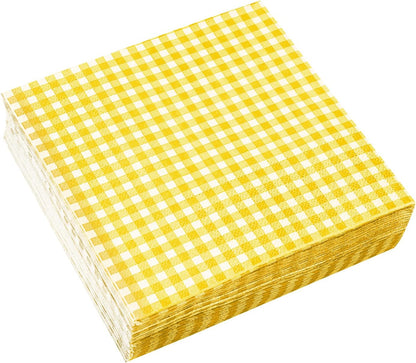 Party Supplies, Disposable Paper Napkins Yellow and White Gingham Napkins for Easter Party（3-ply, 6.5X6.5 in, 50-Pack)