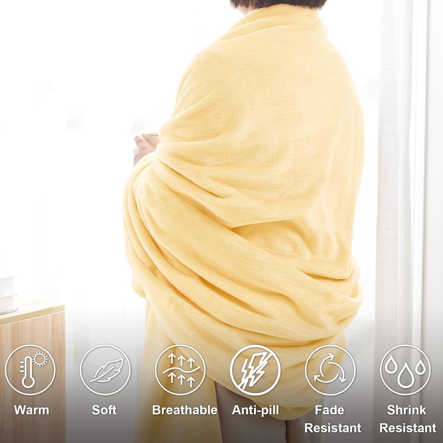 Throw Bright Yellow Fleece Blanket, Soft Flannel Bed Blanket | Fuzzy Cozy Blanket 50x60 Inches, Multi-use for Bed, Sofa, Couch, Travel, Camping, All Season Warm Lightweight Cover