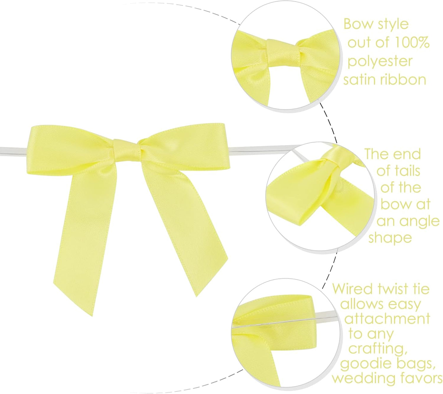 Yellow Bows 2.5" Satin Bows with Twist Tie Premade Craft Bows for Treat Bags Cake Pop Gift Wrapping Basket Wedding Favors Cookie Candy Bagging Baby Shower - 50 Counts