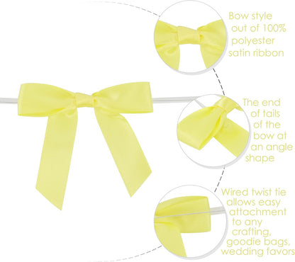 Yellow Bows 2.5" Satin Bows with Twist Tie Premade Craft Bows for Treat Bags Cake Pop Gift Wrapping Basket Wedding Favors Cookie Candy Bagging Baby Shower - 50 Counts