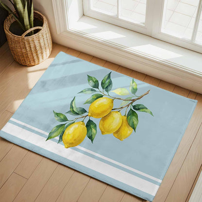 Rectangle Area Rug for Living Room Watercolor Yellow Lemon Leaves Soft Non Slip Carpet Low Pile Rugs, Summer Fruit on Light Blue Large Warm Washable Throw Rug for Bedroom Dining Room Dorm 2x3ft