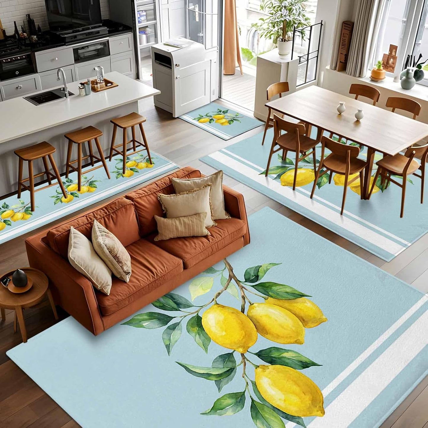 Rectangle Area Rug for Living Room Watercolor Yellow Lemon Leaves Soft Non Slip Carpet Low Pile Rugs, Summer Fruit on Light Blue Large Warm Washable Throw Rug for Bedroom Dining Room Dorm 2x3ft