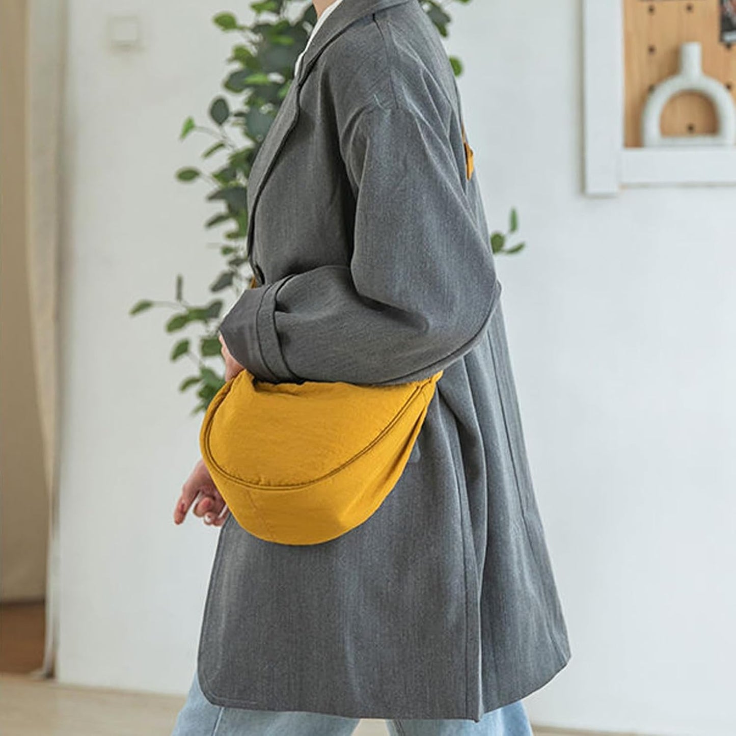 Crescent Bag for Women Men Small Nylon Crossbody Lightweight Shoulder Purse Travel Waist Bag (Yellow)
