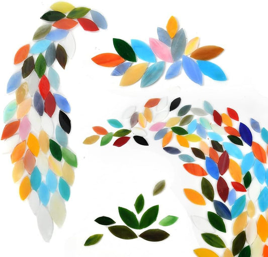 BUYGOO 100Pcs Mosaic Tiles, Mixed Color Mosaic Glass Pieces with Organizing Container, Hand-Cut Stained Glass Flower Leaves Tiles for Home Decoration Crafts Supply - Assorted Size&Colors