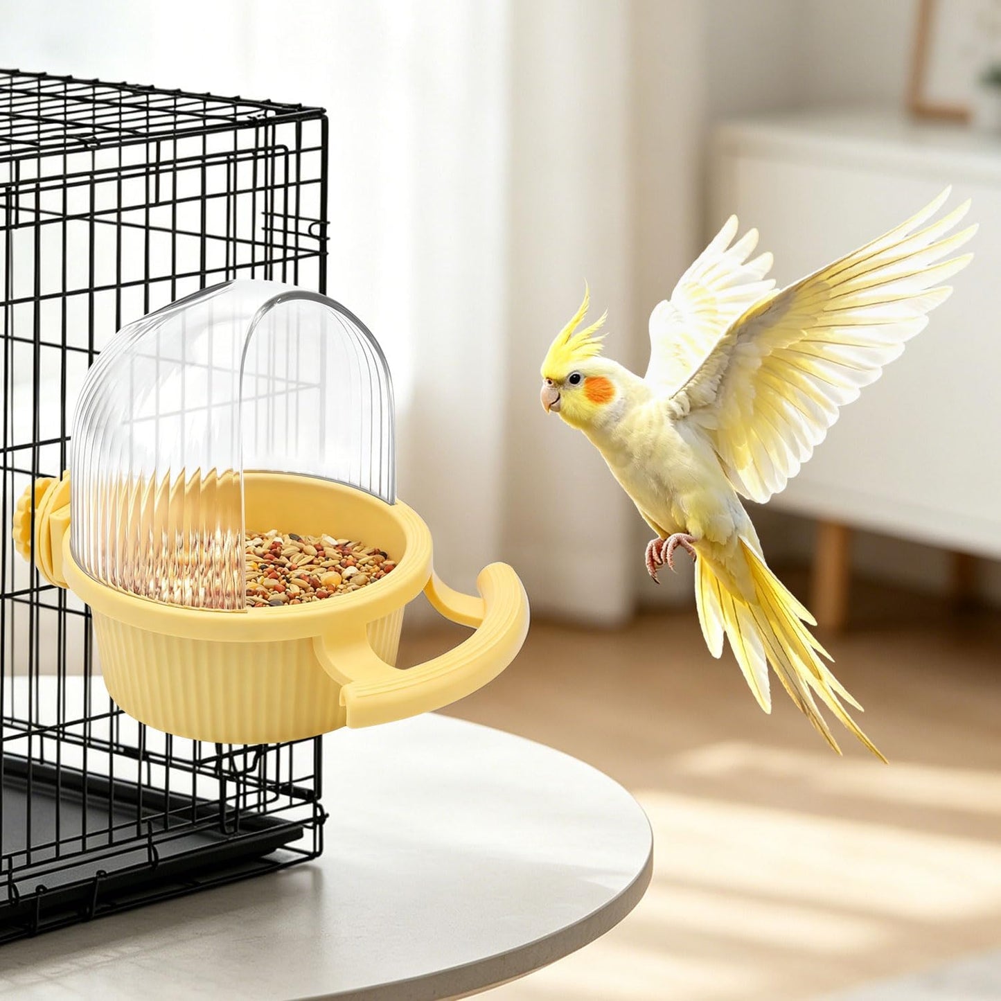 No Mess Bird Feeder for Cage Parrot Seed Food Water Bowl (Yellow) | No mess, with dispenser, multifunctional, large capacity, for parrot/quaker/lory/conure/cockatiel/senegal parrot/caique