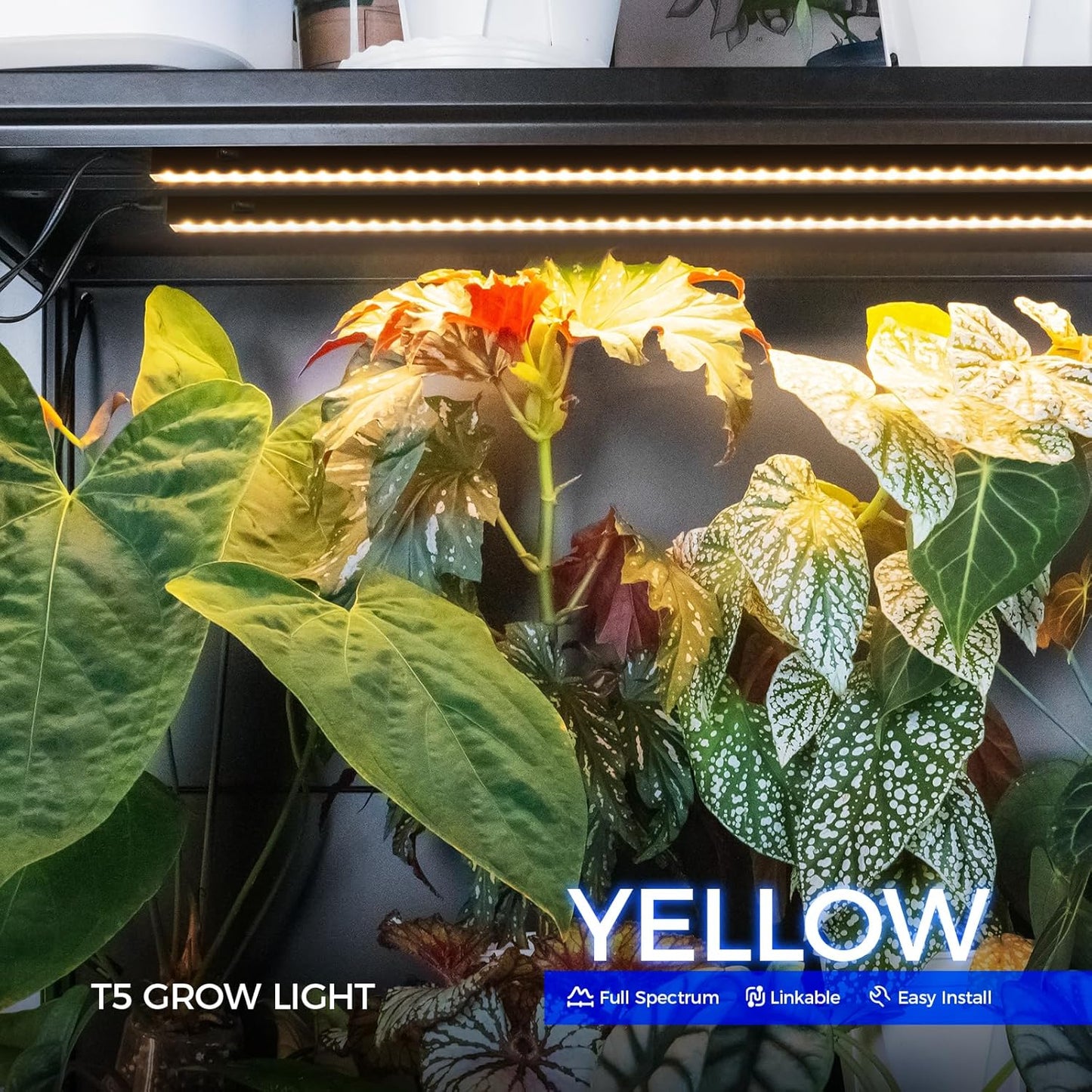 T5 Grow Lights for Indoor Plants, 3FT 128W (8 X 16W) Plant Grow Lights Indoor with Magnetic Bar, Linkable Plant Growing Lamps with Black Cover, Plug and Play, Yellow, 8 Packs