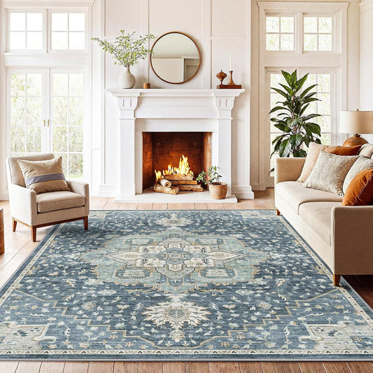 Washable Area Rugs, Low-Profile Washable Rug with Non-Slip Backing & Durable Edge Binding, Vintage Rugs for Living Room, Bedroom, Dinning Room (6x9, Blue/Yellow)