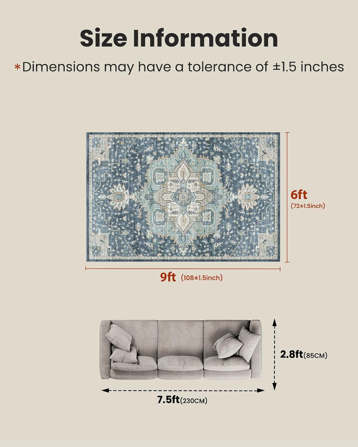 Washable Area Rugs, Low-Profile Washable Rug with Non-Slip Backing & Durable Edge Binding, Vintage Rugs for Living Room, Bedroom, Dinning Room (6x9, Blue/Yellow)