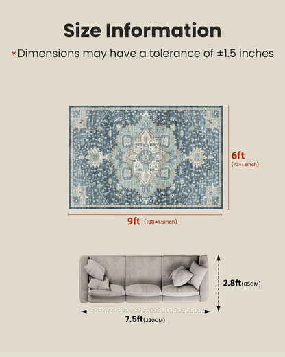 Washable Area Rugs, Low-Profile Washable Rug with Non-Slip Backing & Durable Edge Binding, Vintage Rugs for Living Room, Bedroom, Dinning Room (6x9, Blue/Yellow)