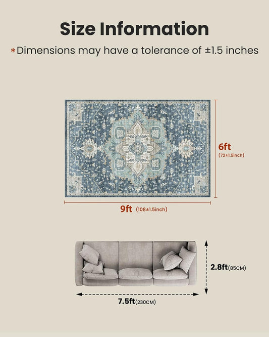 Washable Area Rugs, Low-Profile Washable Rug with Non-Slip Backing & Durable Edge Binding, Vintage Rugs for Living Room, Bedroom, Dinning Room (6x9, Blue/Yellow)