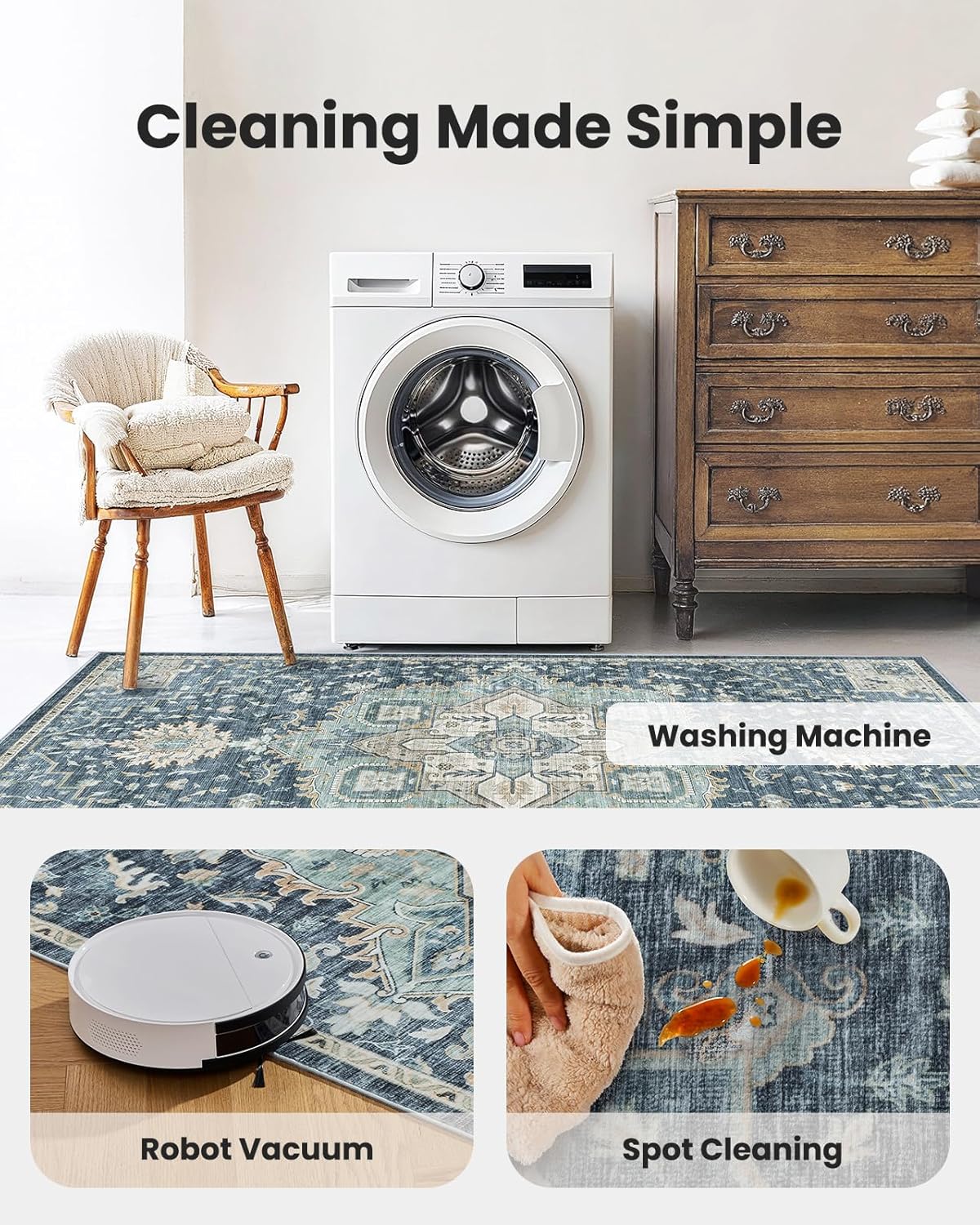 Washable Area Rugs, Low-Profile Washable Rug with Non-Slip Backing & Durable Edge Binding, Vintage Rugs for Living Room, Bedroom, Dinning Room (6x9, Blue/Yellow)