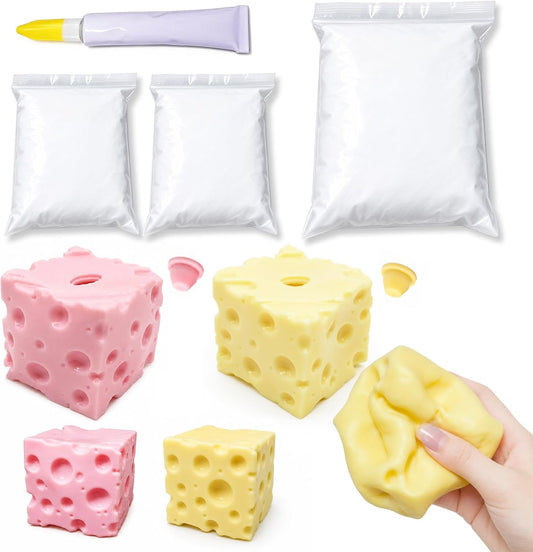 2Pcs Cheese Squishy Skin Stress Ball Making Kit - Easy Handmade Sensory Squishy Toys | Includes 2 Cheese-Shaped TPR Skins and 3.5 oz Filler; ASMR Craft Anxiety Relief Cheese Squishies(Pink and Yellow)