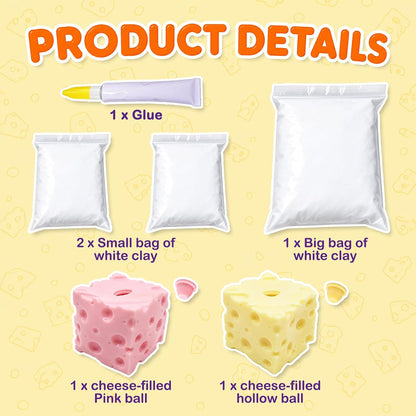2Pcs Cheese Squishy Skin Stress Ball Making Kit - Easy Handmade Sensory Squishy Toys | Includes 2 Cheese-Shaped TPR Skins and 3.5 oz Filler; ASMR Craft Anxiety Relief Cheese Squishies(Pink and Yellow)