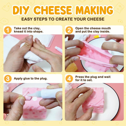 2Pcs Cheese Squishy Skin Stress Ball Making Kit - Easy Handmade Sensory Squishy Toys | Includes 2 Cheese-Shaped TPR Skins and 3.5 oz Filler; ASMR Craft Anxiety Relief Cheese Squishies(Pink and Yellow)
