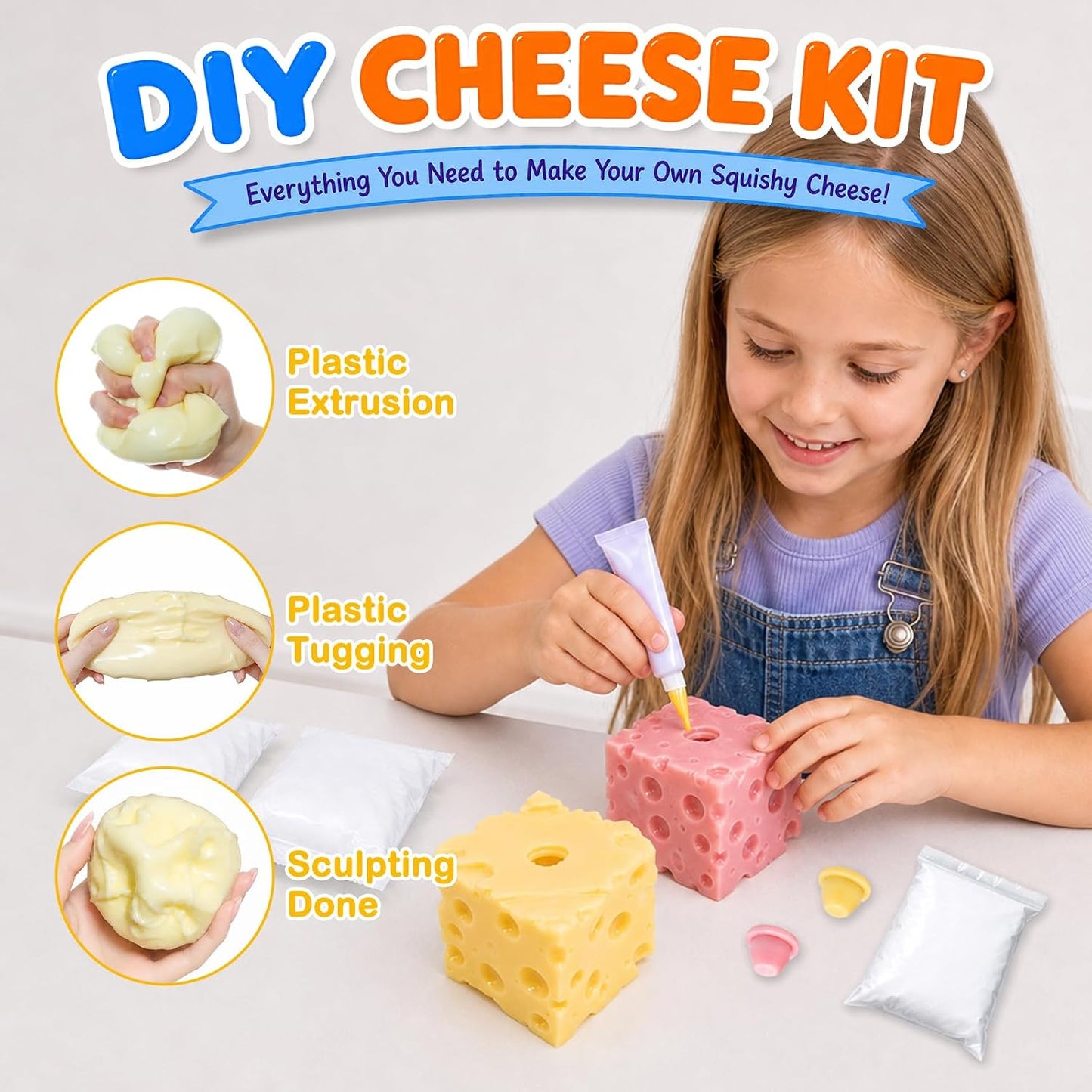 2Pcs Cheese Squishy Skin Stress Ball Making Kit - Easy Handmade Sensory Squishy Toys | Includes 2 Cheese-Shaped TPR Skins and 3.5 oz Filler; ASMR Craft Anxiety Relief Cheese Squishies(Pink and Yellow)