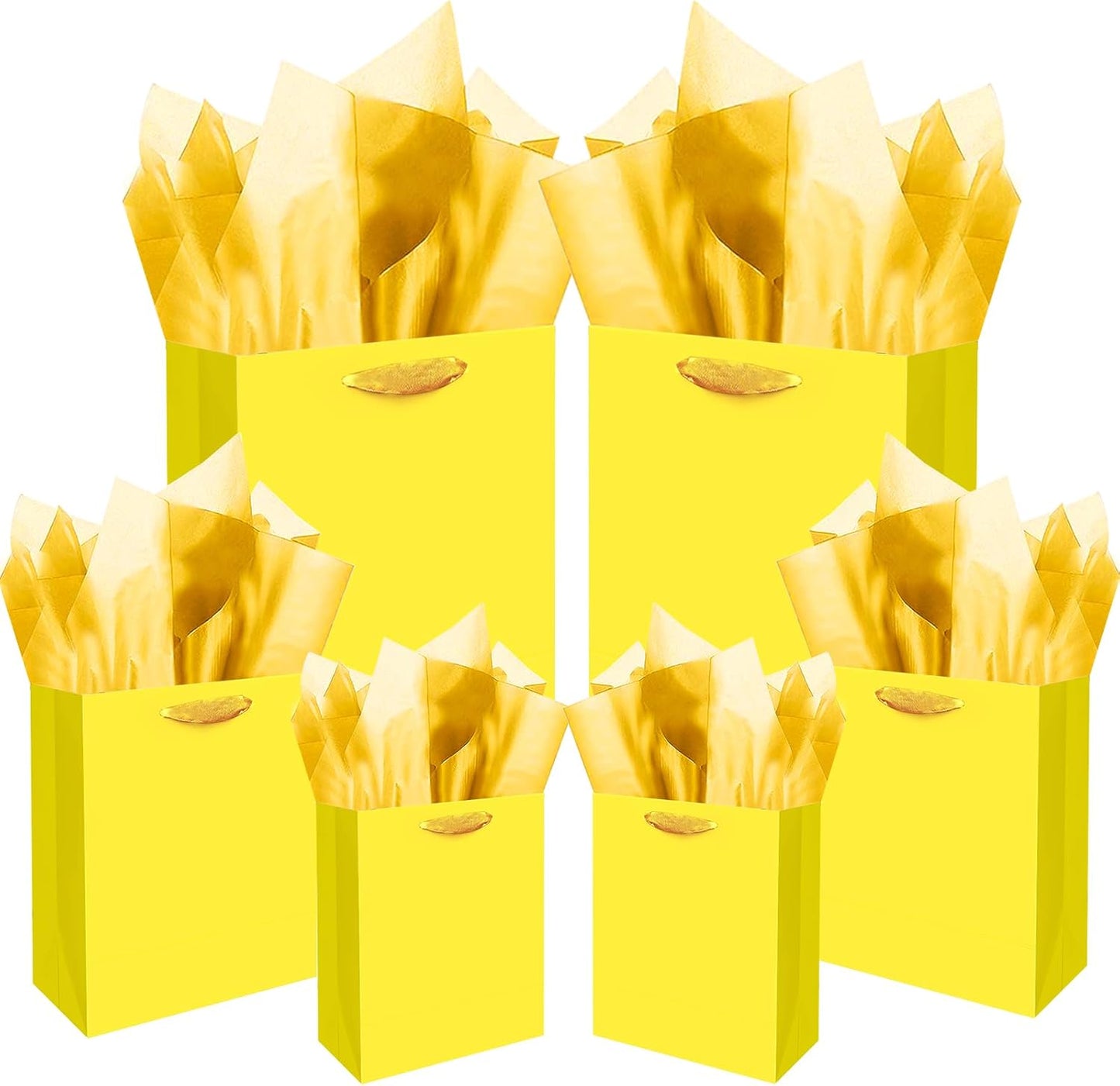 Bright Yellow Gift Bags with Tissue Paper Mulit Assorted Sizes 10PCS Present Birthday Bags(2pcs Large 13", 4pcs Medium 9", 4pcs Small 6", Tissue Paper)
