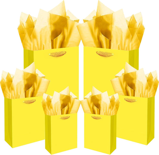 Bright Yellow Gift Bags with Tissue Paper Mulit Assorted Sizes 10PCS Present Birthday Bags(2pcs Large 13", 4pcs Medium 9", 4pcs Small 6", Tissue Paper)