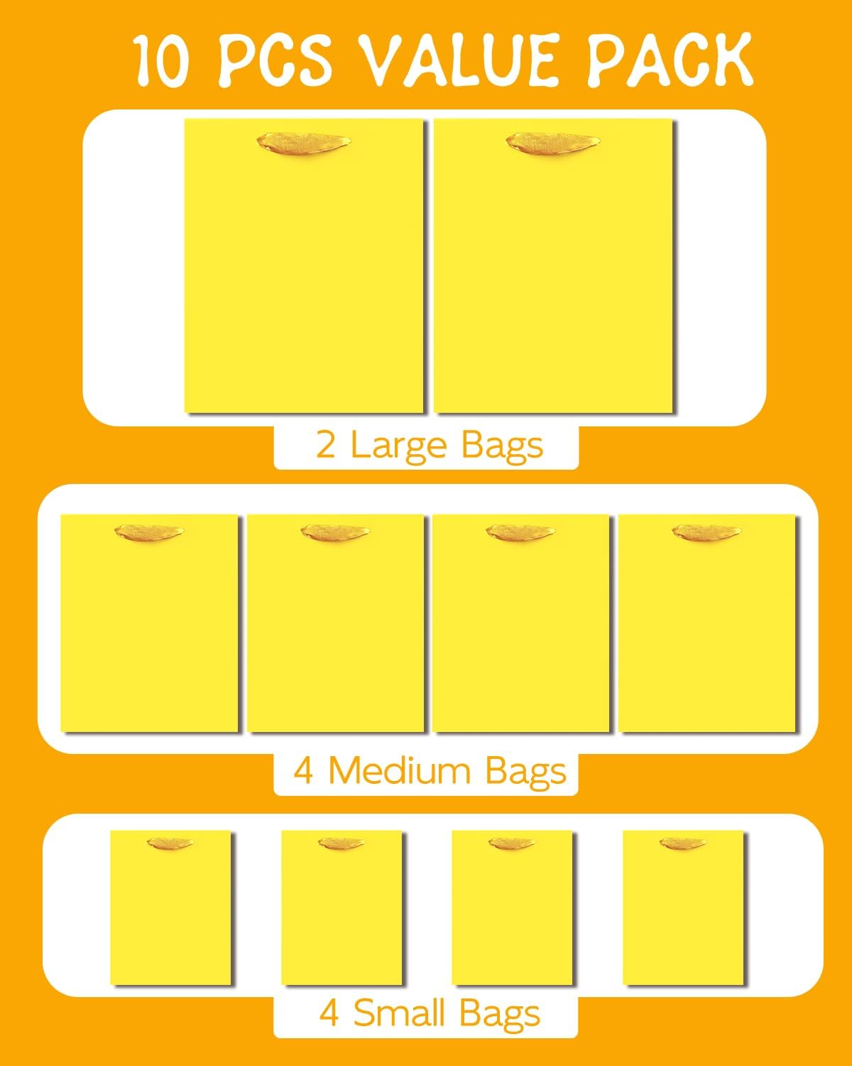 Bright Yellow Gift Bags with Tissue Paper Mulit Assorted Sizes 10PCS Present Birthday Bags(2pcs Large 13", 4pcs Medium 9", 4pcs Small 6", Tissue Paper)