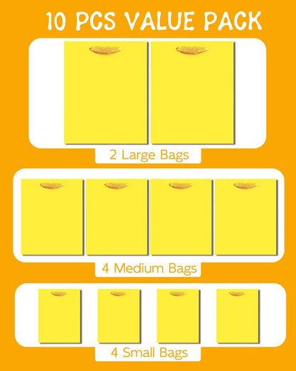 Bright Yellow Gift Bags with Tissue Paper Mulit Assorted Sizes 10PCS Present Birthday Bags(2pcs Large 13", 4pcs Medium 9", 4pcs Small 6", Tissue Paper)