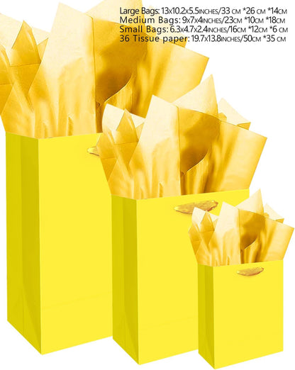 Bright Yellow Gift Bags with Tissue Paper Mulit Assorted Sizes 10PCS Present Birthday Bags(2pcs Large 13", 4pcs Medium 9", 4pcs Small 6", Tissue Paper)