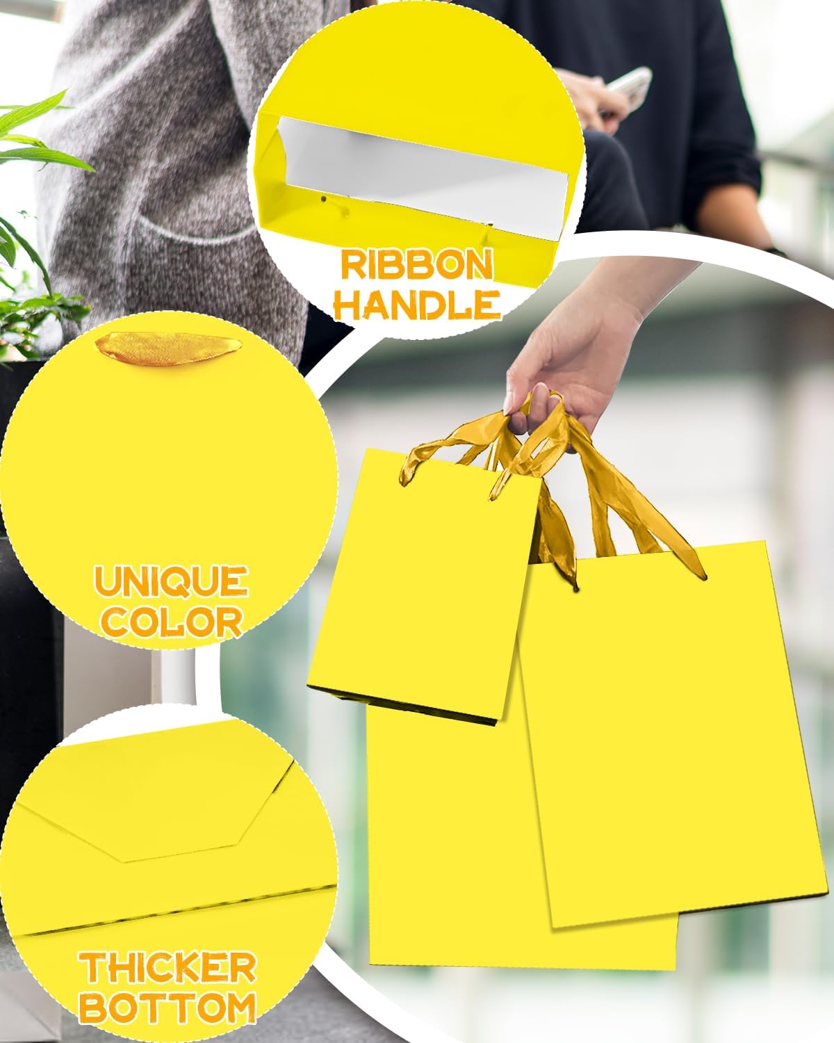 Bright Yellow Gift Bags with Tissue Paper Mulit Assorted Sizes 10PCS Present Birthday Bags(2pcs Large 13", 4pcs Medium 9", 4pcs Small 6", Tissue Paper)