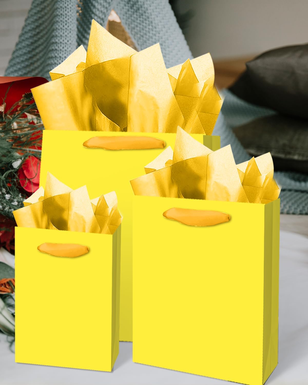 Bright Yellow Gift Bags with Tissue Paper Mulit Assorted Sizes 10PCS Present Birthday Bags(2pcs Large 13", 4pcs Medium 9", 4pcs Small 6", Tissue Paper)