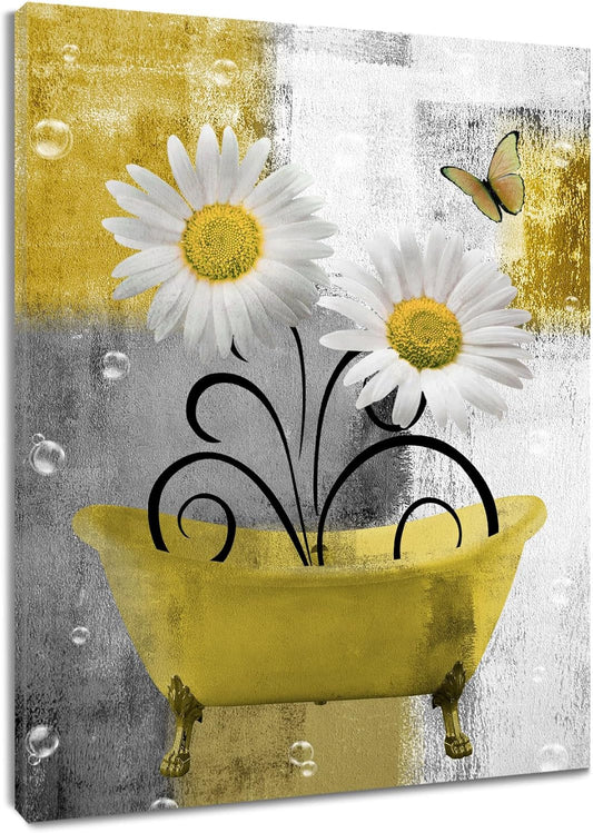 Vintage Yellow Floral Wall Art Country Daisy Flower and Butterfly Pictures Wall Decor Grey and White Abstract Geometric Canvas Wall Art for Bathroom Living Room Bedroom Decor,16L X 12W inches