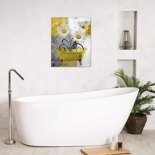 Vintage Yellow Floral Wall Art Country Daisy Flower and Butterfly Pictures Wall Decor Grey and White Abstract Geometric Canvas Wall Art for Bathroom Living Room Bedroom Decor,16L X 12W inches