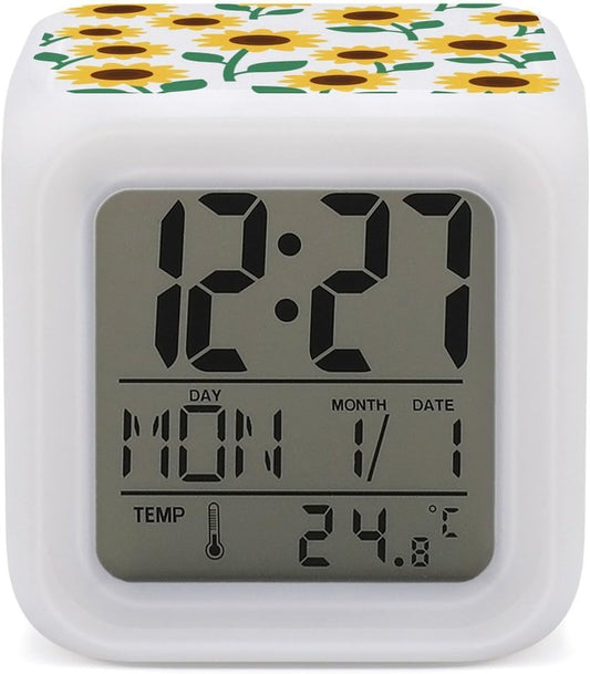 LED Digital Alarm Clock with 7 Color Changing Night Light | Yellow Sunflower, Multi-functional Calendar Temperature Time Date Display, Wake up Clock for Bedroom Bedside Decor