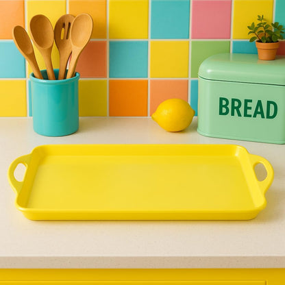 Calypso Basics Melamine Serving Ottoman Tray with Handles, Rectangular, Lightweight, Durable, Multi-Purpose Use, Indoor, Outdoor, Camping, Server, Lemon, Yellow