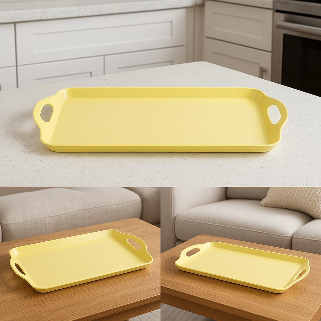 Calypso Basics Melamine Serving Ottoman Tray with Handles, Rectangular, Lightweight, Durable, Multi-Purpose Use, Indoor, Outdoor, Camping, Server, Lemon, Yellow