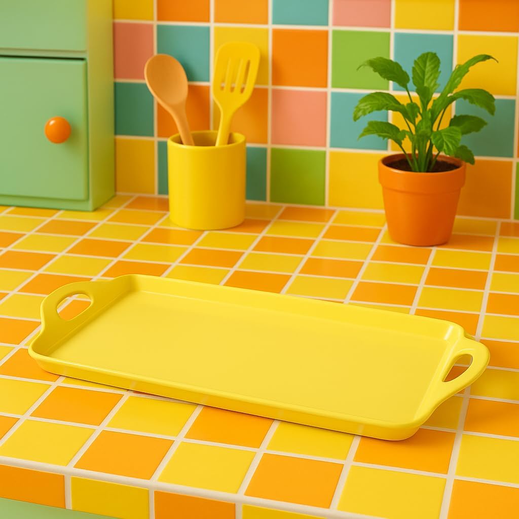 Calypso Basics Melamine Serving Ottoman Tray with Handles, Rectangular, Lightweight, Durable, Multi-Purpose Use, Indoor, Outdoor, Camping, Server, Lemon, Yellow