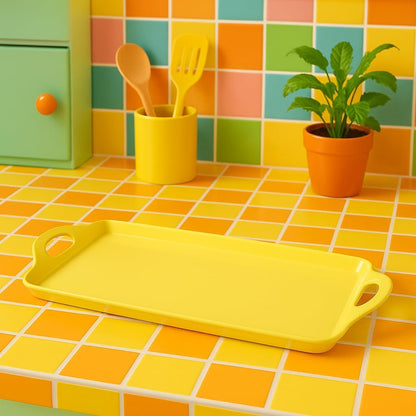 Calypso Basics Melamine Serving Ottoman Tray with Handles, Rectangular, Lightweight, Durable, Multi-Purpose Use, Indoor, Outdoor, Camping, Server, Lemon, Yellow