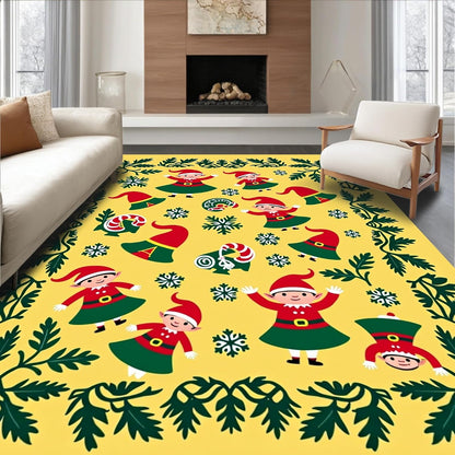 Flatwoven High Traffic Area Rug 2x3, Christmas Elf Bathroom Featuring Jolly Winter Woodland Characters, Non Slip, Stain Resistant, Washable Area Rugs for Living Room, Bedroom (Yellow, 2x3)