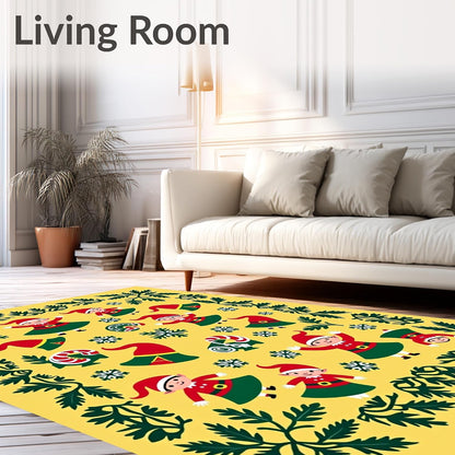 Flatwoven High Traffic Area Rug 2x3, Christmas Elf Bathroom Featuring Jolly Winter Woodland Characters, Non Slip, Stain Resistant, Washable Area Rugs for Living Room, Bedroom (Yellow, 2x3)