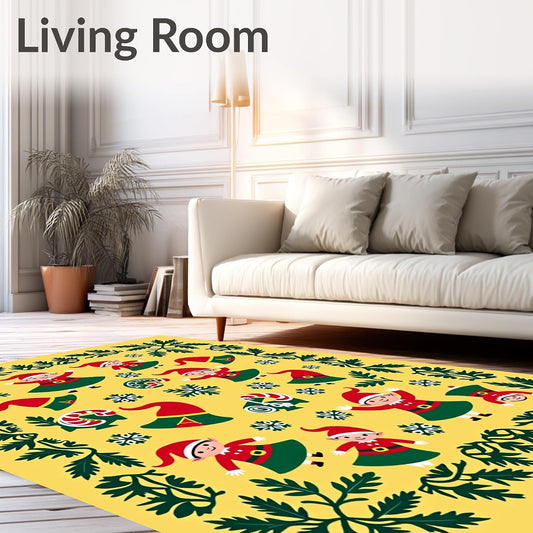 Flatwoven High Traffic Area Rug 2x3, Christmas Elf Bathroom Featuring Jolly Winter Woodland Characters, Non Slip, Stain Resistant, Washable Area Rugs for Living Room, Bedroom (Yellow, 2x3)