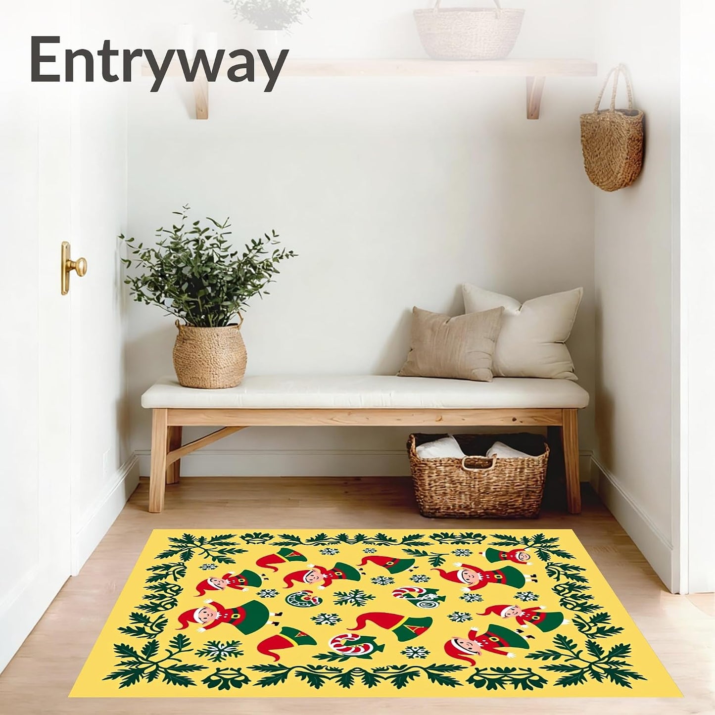 Flatwoven High Traffic Area Rug 2x3, Christmas Elf Bathroom Featuring Jolly Winter Woodland Characters, Non Slip, Stain Resistant, Washable Area Rugs for Living Room, Bedroom (Yellow, 2x3)
