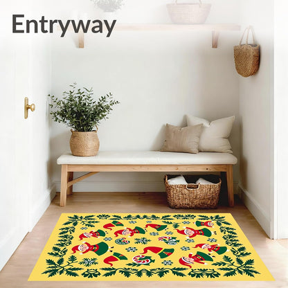 Flatwoven High Traffic Area Rug 2x3, Christmas Elf Bathroom Featuring Jolly Winter Woodland Characters, Non Slip, Stain Resistant, Washable Area Rugs for Living Room, Bedroom (Yellow, 2x3)