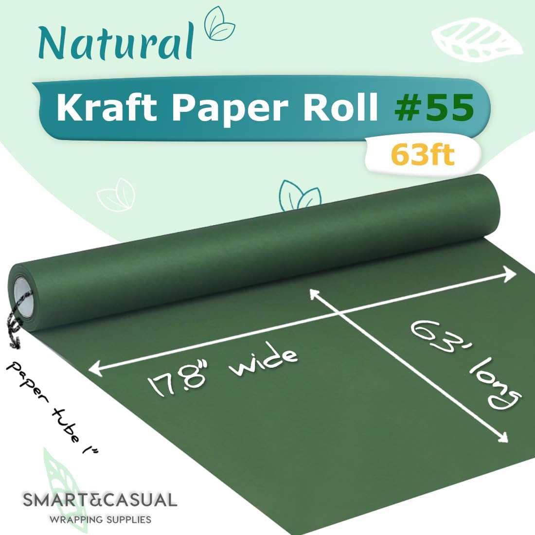 17.8" x 760" (63') Dark Green Kraft Craft Paper Roll for Gift Wrapping Bulletin Board Bouquet Flower Art Packing Parcel Table Covering 80GSM 55LB (Dark Green, 17.8" x 63')