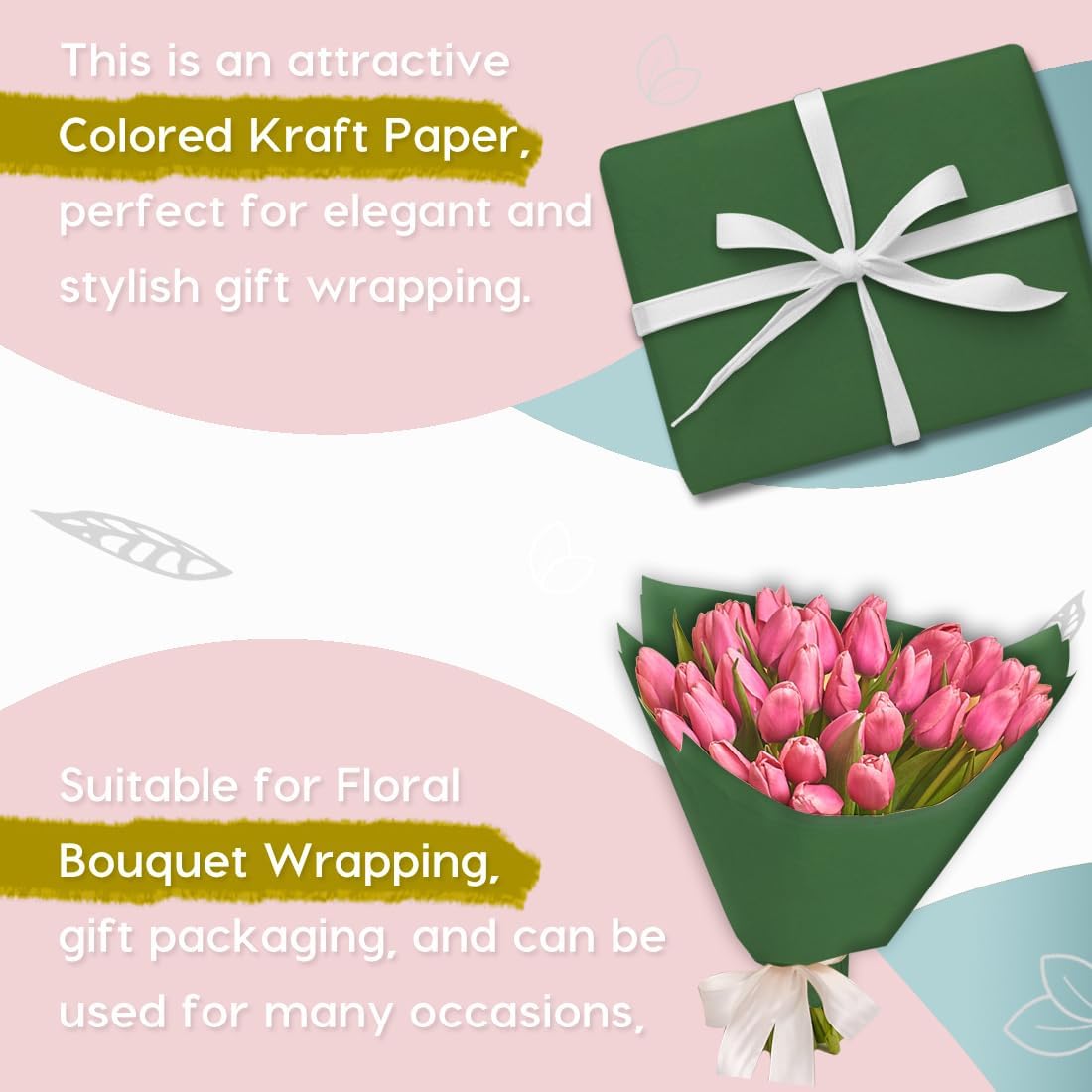 17.8" x 760" (63') Dark Green Kraft Craft Paper Roll for Gift Wrapping Bulletin Board Bouquet Flower Art Packing Parcel Table Covering 80GSM 55LB (Dark Green, 17.8" x 63')
