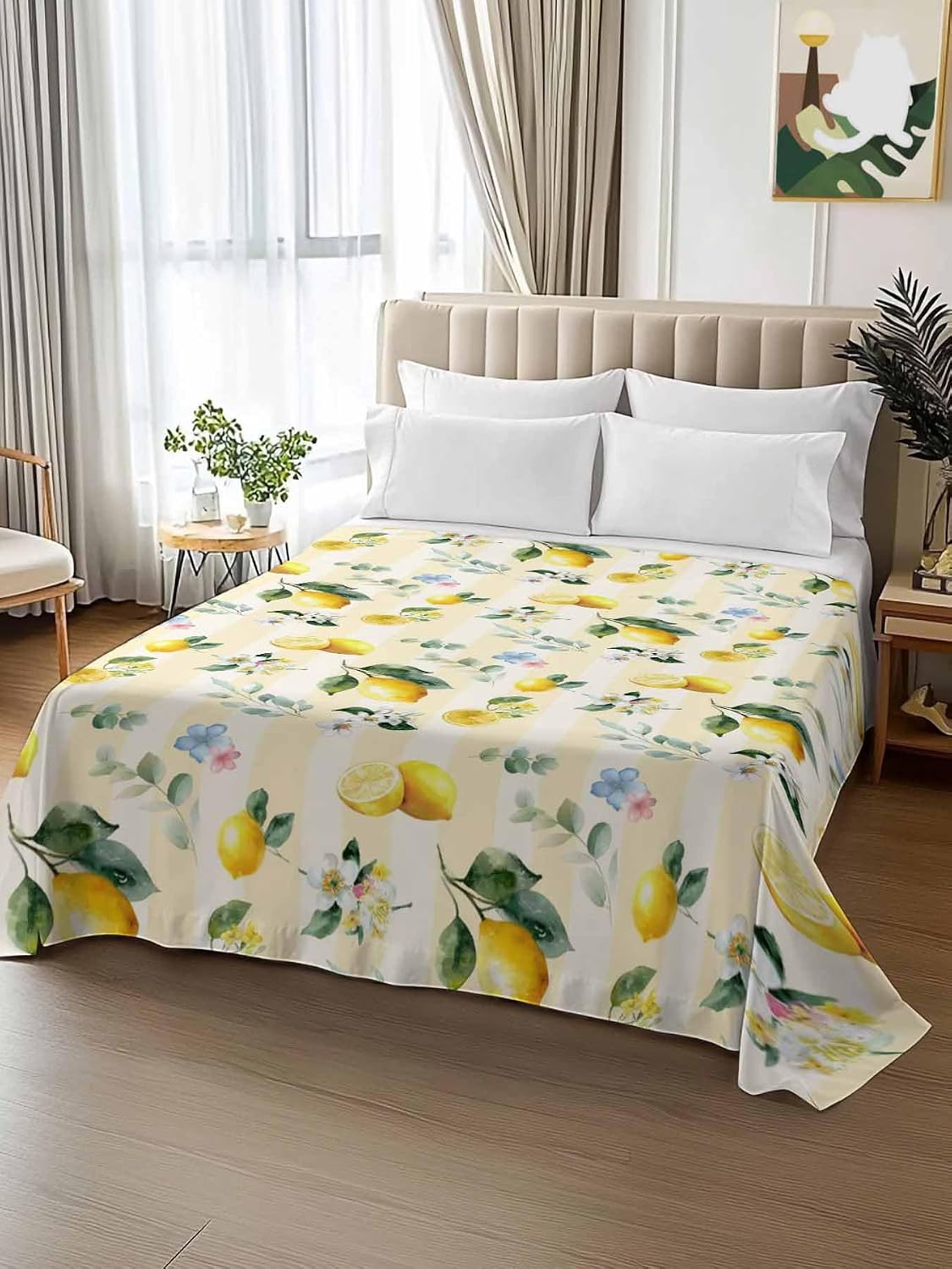 Twin Size Flat Sheet Only, Summer Lemon Leaves Flower Bed Top Sheet Soft Microfiber Breathable Bedding Flat Sheets, Watercolor Yellow Stripes Top Sheets Hotel Luxury