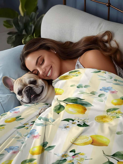 Twin Size Flat Sheet Only, Summer Lemon Leaves Flower Bed Top Sheet Soft Microfiber Breathable Bedding Flat Sheets, Watercolor Yellow Stripes Top Sheets Hotel Luxury