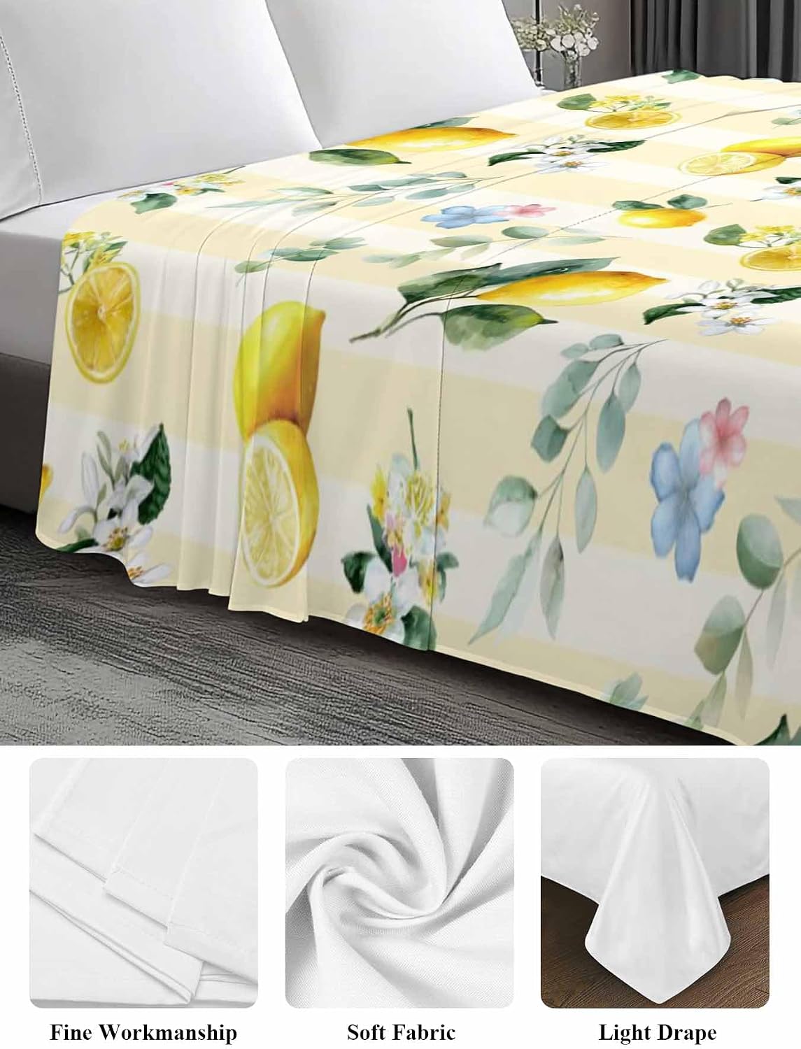 Twin Size Flat Sheet Only, Summer Lemon Leaves Flower Bed Top Sheet Soft Microfiber Breathable Bedding Flat Sheets, Watercolor Yellow Stripes Top Sheets Hotel Luxury