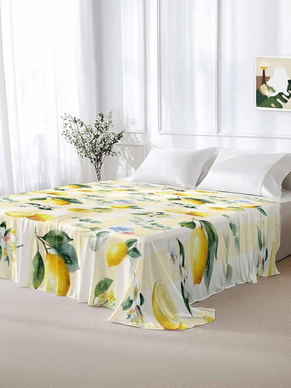 Twin Size Flat Sheet Only, Summer Lemon Leaves Flower Bed Top Sheet Soft Microfiber Breathable Bedding Flat Sheets, Watercolor Yellow Stripes Top Sheets Hotel Luxury