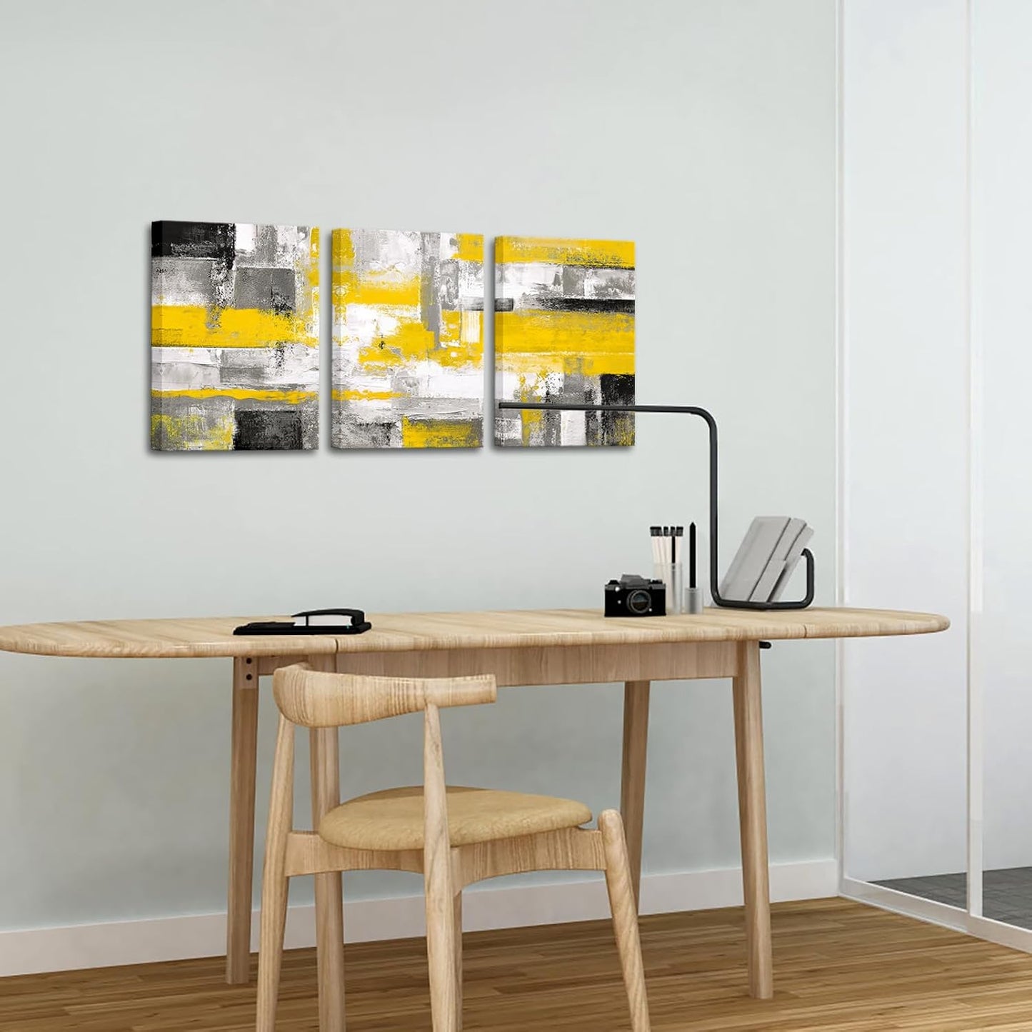 3 Pieces Abstract Canvas Poster Prints Contemporary Creative Yellow Grey Picture Wall Art Framed Artwork Ready to Hang Living Room Bedroom Each Panel 12x16 Inches