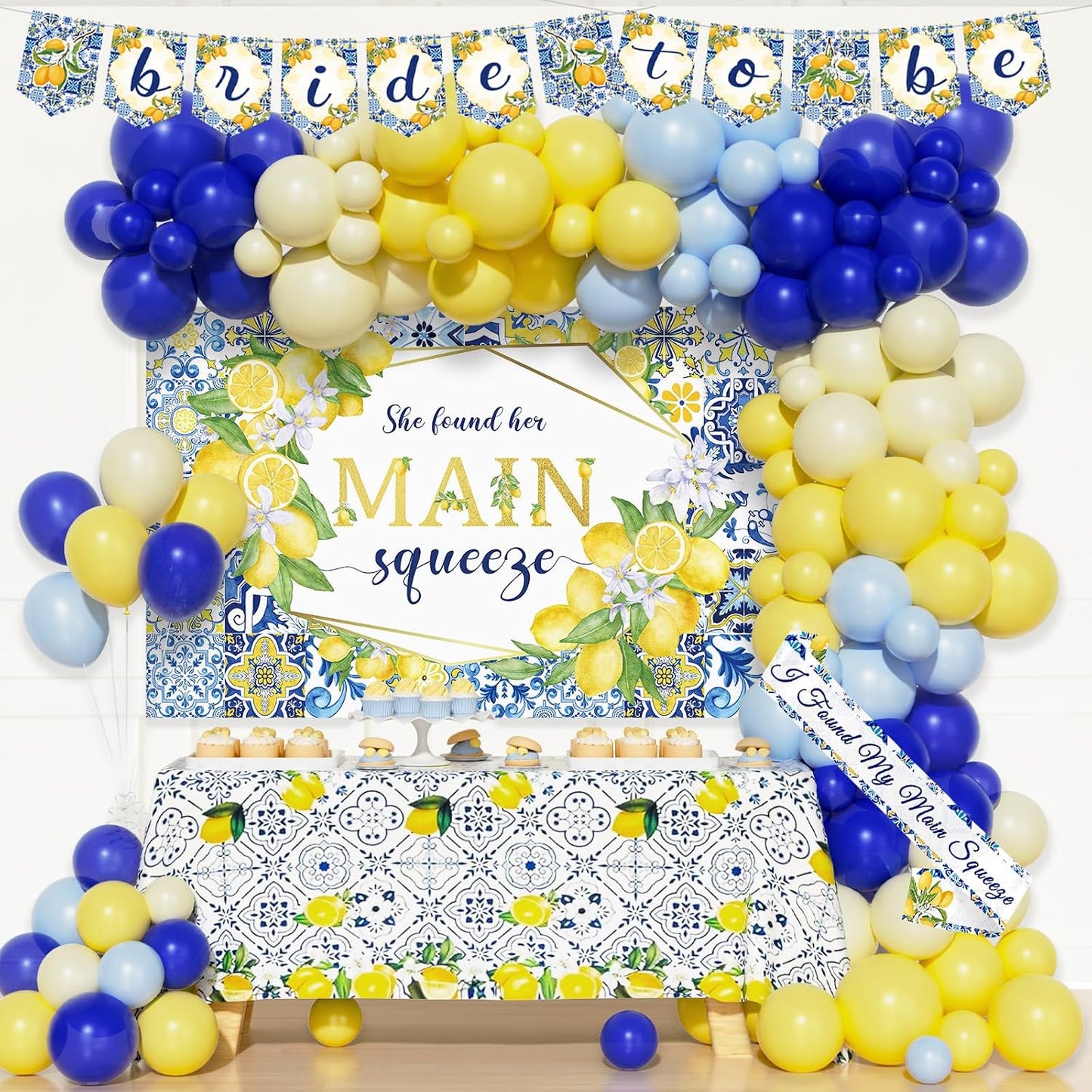 She Found Her Main Squeeze Bridal Shower Decorations, Lemon Bachelorette Party Decorations, Blue Yellow Backdrop Balloon Banner Tablecloth Sash for Capri Lemon Bride To Be Engagement Supplies